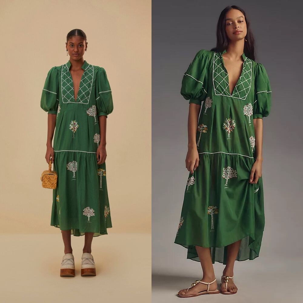 Farm Rio Green Short Sleeve Embroidered Midi Dress Small EUC V-Neck Tree Pattern